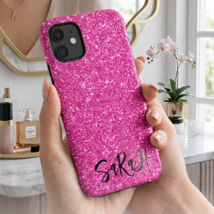 Capa Para iPhone 11 Luxo Chic Brilho Rosa Personalizado Nome