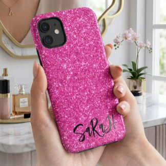 Capa Para iPhone 11 Luxo Chic Brilho Rosa Personalizado Nome