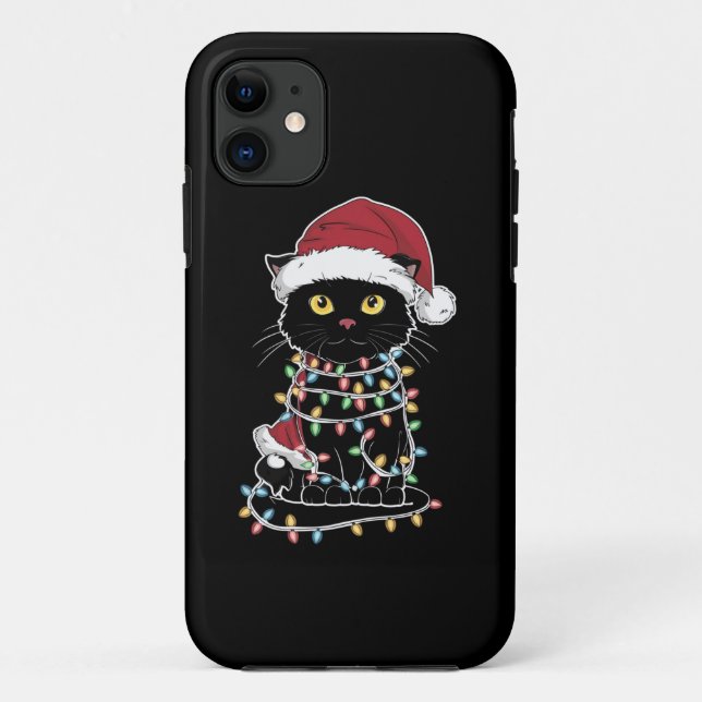Capa Para iPhone 11 Luzes de Natal do Gato Engraçado (Verso)