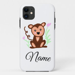 Capa Para iPhone 11 macaco animal aquarela marrom adicionar nome texto