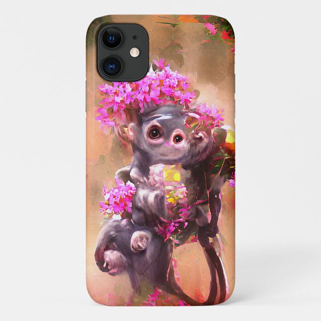 Capa Para iPhone 11 Macaco-Bebê com iPhone/iPad Flores (Verso)