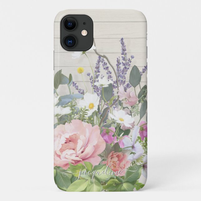 Capa Para iPhone 11 Madeira Floral Rústica Elegante de Lavanda Rosa (Back)
