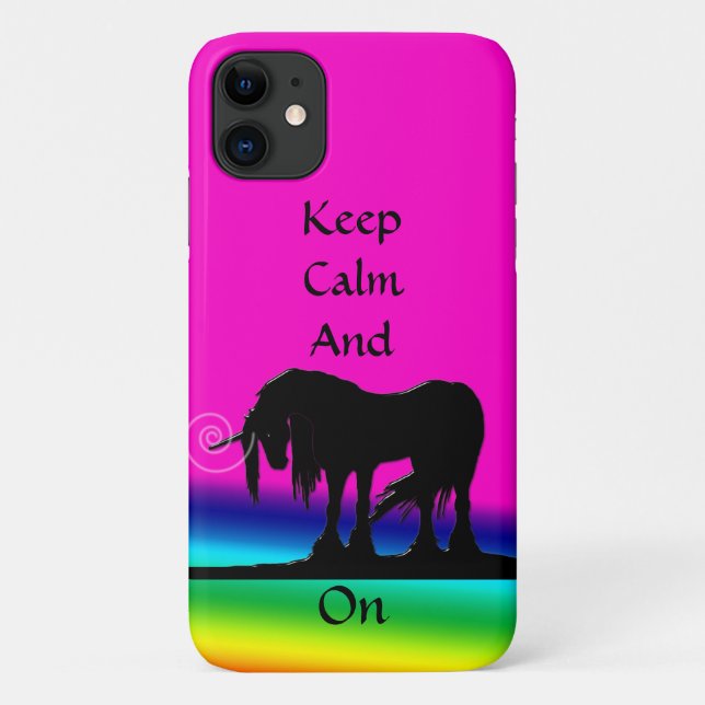 Capa Para iPhone 11 Manter Calmo e Unicórnio Ativado (arco-íris) (Verso)