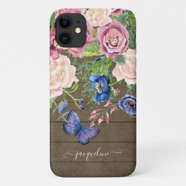 Capa Para iPhone 11 Manuscrito De Borboleta De Madeira Floral Com Core (Verso)