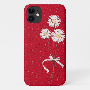 Capa Para iPhone 11 margarida branca com gotas de chuva em vermelho