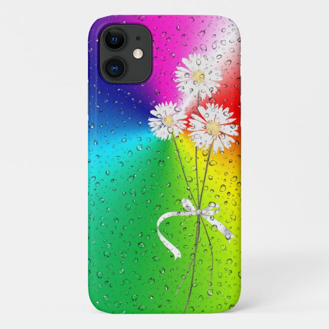 Capa Para iPhone 11 margarida branca com gotas de chuva no arco-íris (Verso)