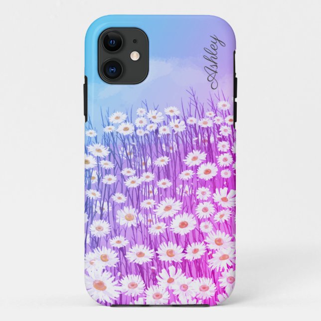 Capa Para iPhone 11 Margarida rosa com aquarela - nome personalizado (Verso)