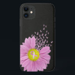 Capa Para iPhone 11 Margarida rosa de fita em couro preto<br><div class="desc">Símbolo rosa de reconhecimento de cancer da mama e margarida rosa em couro preto. O couro preto é reproduzido digitalmente.</div>