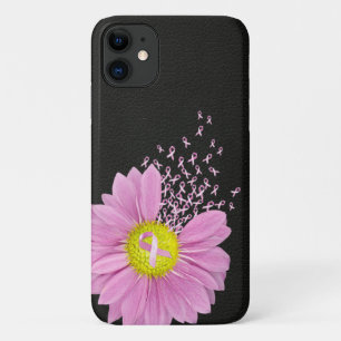 Capa Para iPhone 11 Margarida rosa de fita em couro preto