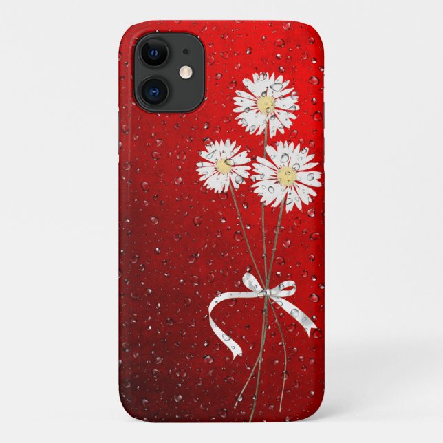 Capa Para iPhone 11 margaridas brancas com gotas de chuva (Verso)