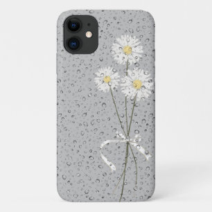 Capa Para iPhone 11 margaridas brancas com gotas de chuva nas cinzas