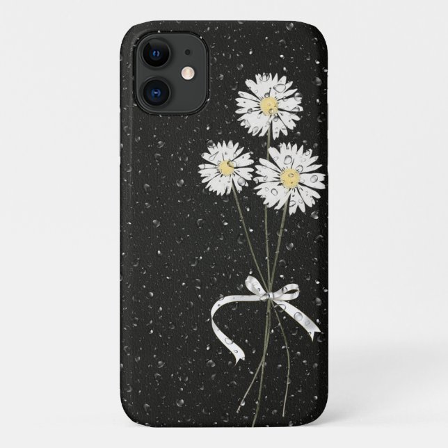 Capa Para iPhone 11 margaridas brancas com gotas de chuva sobre preto (Verso)
