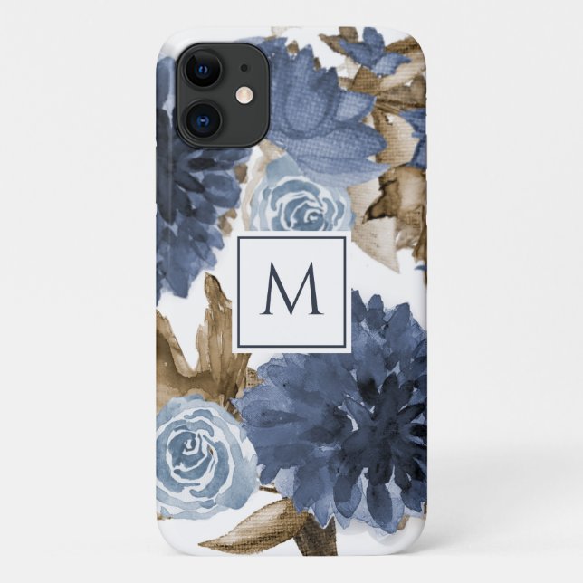 Capa Para iPhone 11 Marinho Azul Floral Aquarela Castanha Folhagem Ini (Verso)