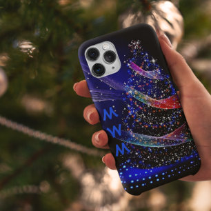 Capa Para iPhone 11 Marinho de Árvore de Natal Glitter Monograma Chic
