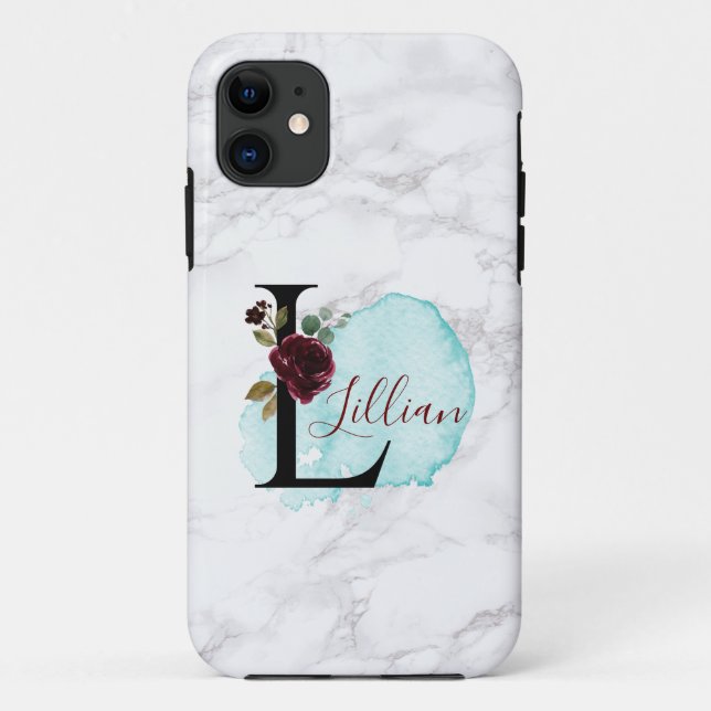Capa Para iPhone 11 Marinho de Merlot Personalizado Letra Floral L com (Verso)