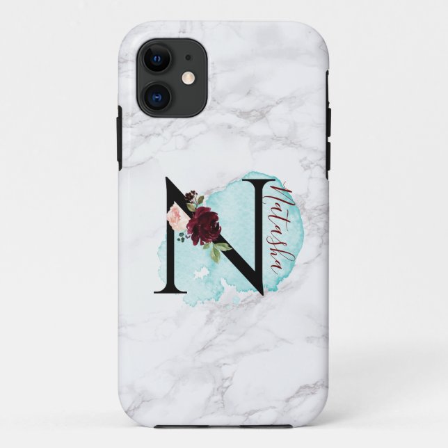 Capa Para iPhone 11 Marinho de Merlot Personalizado Letra Floral N com (Verso)