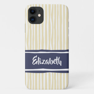 Capa Para iPhone 11 Marinho e Creme de Pintura de Ondas com Nome