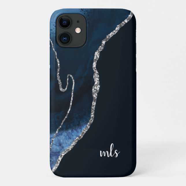 Capa Para iPhone 11 Marinho Monograma Azul Prata Brilhante Moderno (Verso)