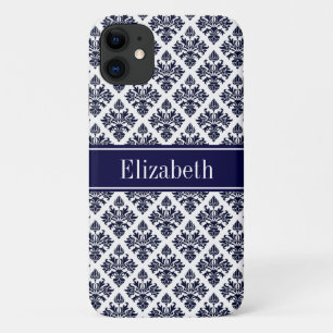 Capa Para iPhone 11 Marinho Vintage Azul Wht Damask 3 Nome Monograma D
