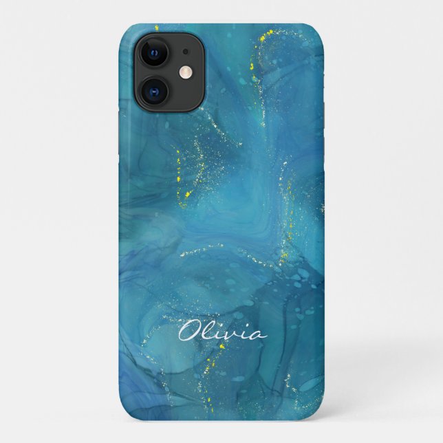 Capa Para iPhone 11 Mármore Azul Glamoroso Dourado Sparkle Personaliza (Verso)