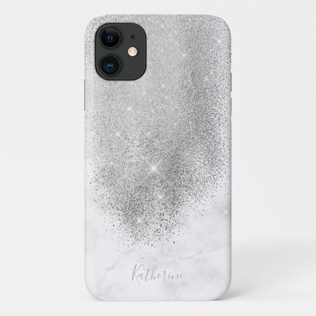 Capa Para iPhone 11 Mármore branco brilhante prateado personalizado el (Verso)
