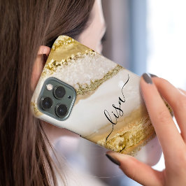 Capa Para iPhone 11 Mármore Branco Dourado Moderno e Elegante Nome Per