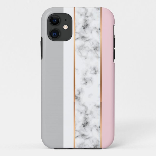 Capa Para iPhone 11 Mármore Branco Elegante Cinza Rosa Listras Dourada (Verso)