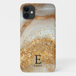 Capa Para iPhone 11 Mármore branco elegante monograma com brilho doura