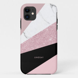 Capa Para iPhone 11 Mármore branco-reluzente rosa geométrico moderno