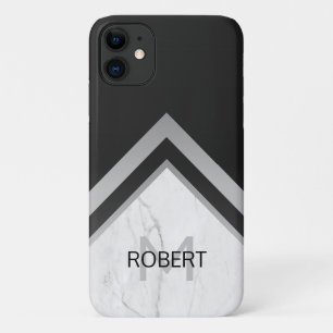 Capa Para iPhone 11 Mármore De Prata Preto De Chevron Geométrico Monog