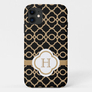 Capa Para iPhone 11 Marroquino preto e Dourado Monogrammed