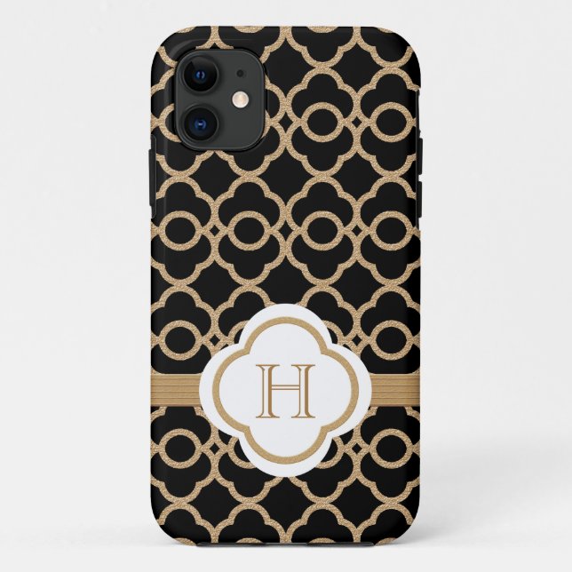 Capa Para iPhone 11 Marroquino preto e Dourado Monogrammed (Verso)