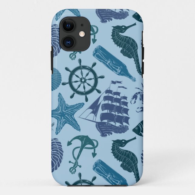Capa Para iPhone 11 Máscaras náuticas do teste padrão azul (Verso)
