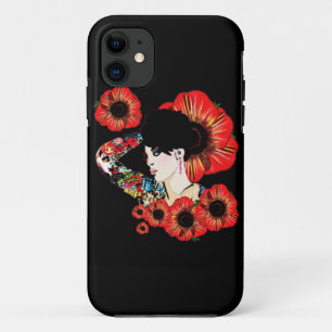 Capa Para iPhone 11 Menina com tinta de tatuagem entre flores de papou