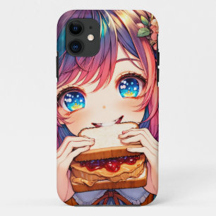 Capa Para iPhone 11 Menina de Animação Bonita comendo uma Manteiga de 