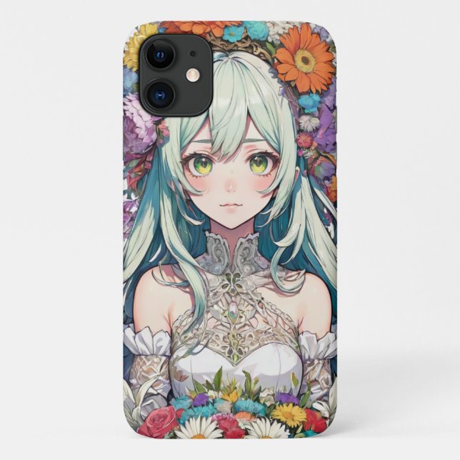 Capa Para iPhone 11 Menina floral de anime (Verso)