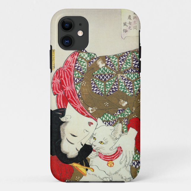 Capa Para iPhone 11 Menina japonesa com gato, Tsukioka Yoshitoshi (Verso)