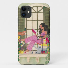 Capa Para iPhone 11 Menina lendo no balcão de verão com gatos