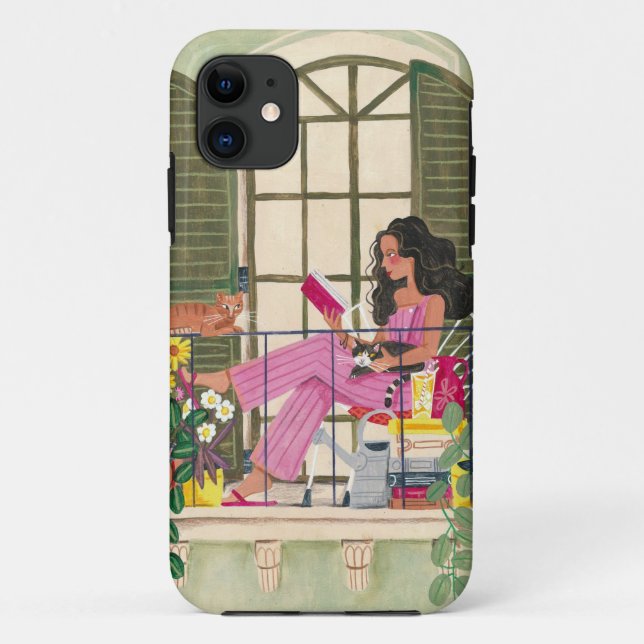 Capa Para iPhone 11 Menina lendo no balcão de verão com gatos (Verso)