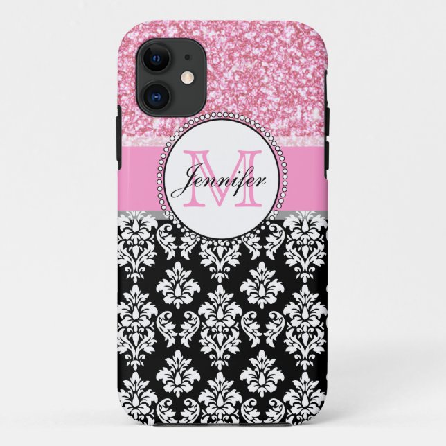 Capa Para iPhone 11 Menina, Rosa, Negro Brilhante, Damasco Personaliza (Verso)