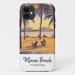 Capa Para iPhone 11 Miami Beach Flórida Vintage Watercolor Art