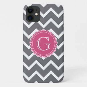 Capa Para iPhone 11 Modelo de Monograma Cor-de-Rosa Floral cinza