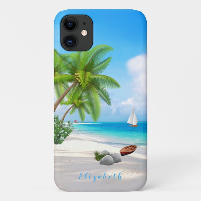 Capa Para iPhone 11 Modelo do Nome da Ilustração de Praia de Caribe (Verso)