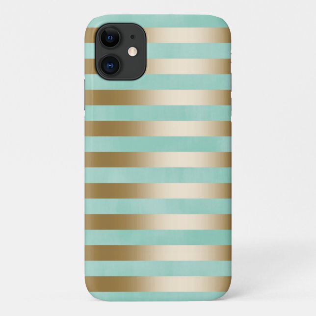Capa Para iPhone 11 Modern Mint Green & Dourado Strips (Verso)