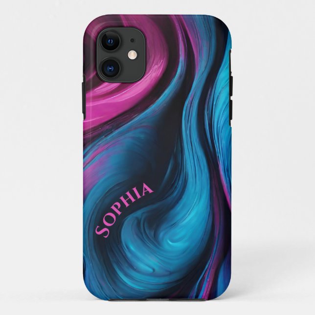 Capa Para iPhone 11 Moderno Abstrato Personalizado - Azul e Fuchsia- (Verso)