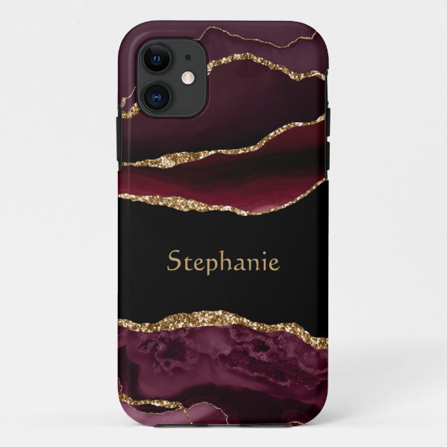 Capa Para iPhone 11 Moderno Burgundy Dourado Agate Crystal Personalize (Verso)