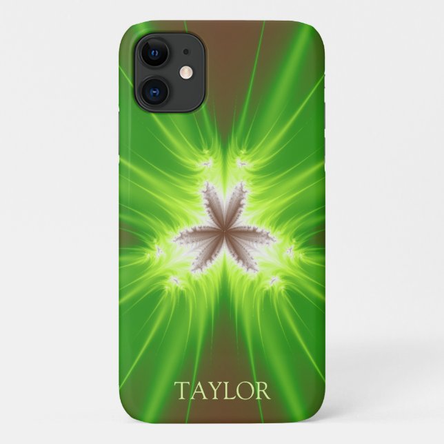 Capa Para iPhone 11 Moderno Neon Green Brown Fractal Com Nome (Verso)