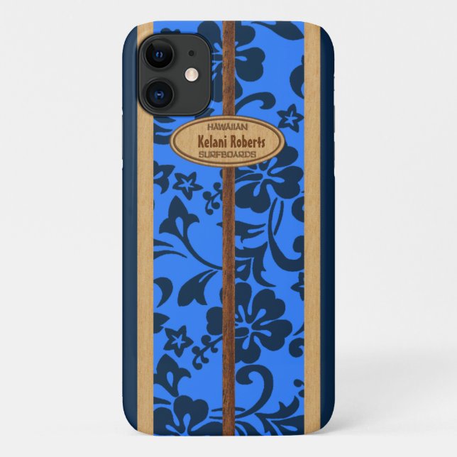 Capa Para iPhone 11 Mokuleia Hawaiai Faux Wood Monograma Surfboard (Verso)