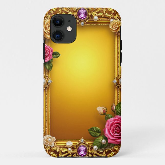 Capa Para iPhone 11 Moldura Dourada Com Rosas e Pérolas Elegantes (Verso)