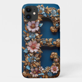 Capa Para iPhone 11 Moldura Floral Elegante com Letra E Dourada